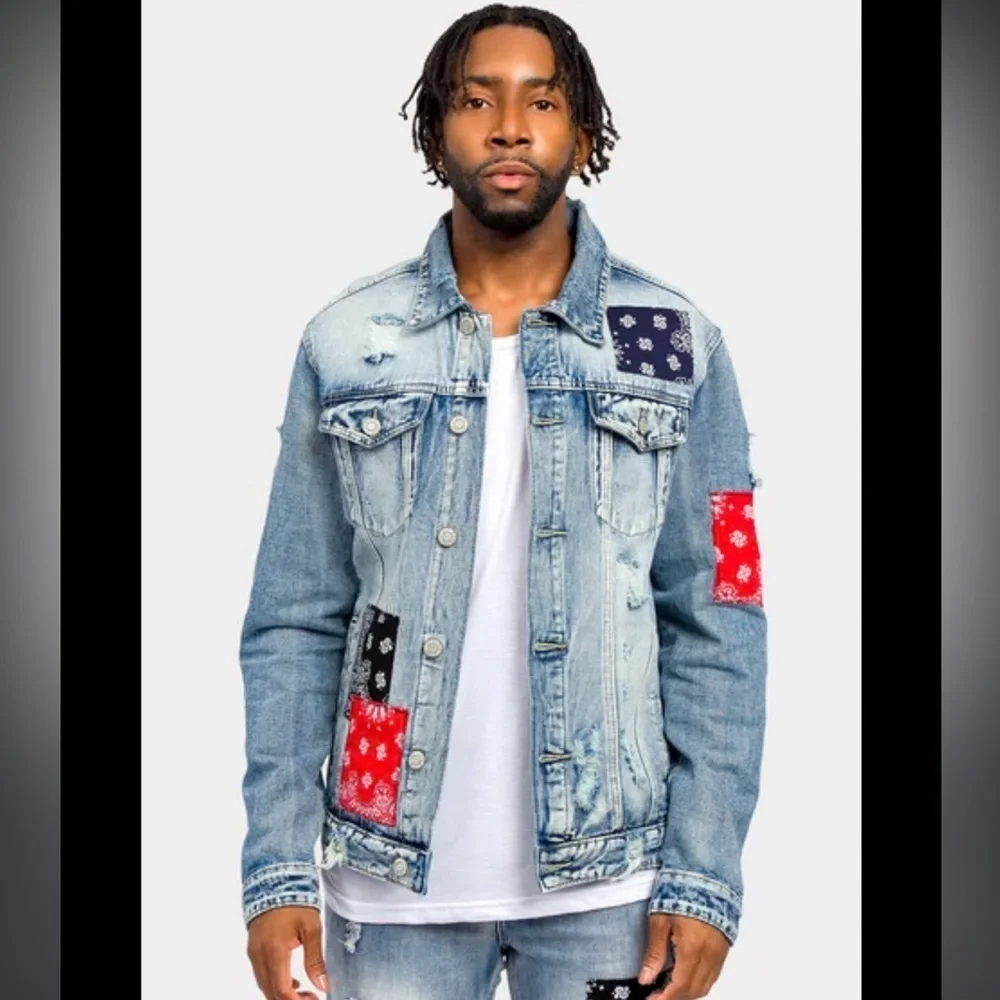 Giftd Tour Black and Red Jean Jacket Bandana Handmade Distressed Denim Large
